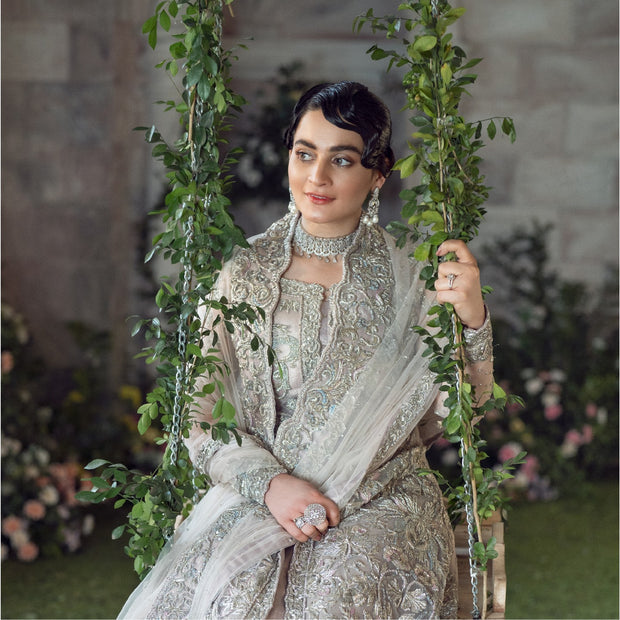 Elegant Silver Pakistani Bridal Dress in Gown Lehenga Style