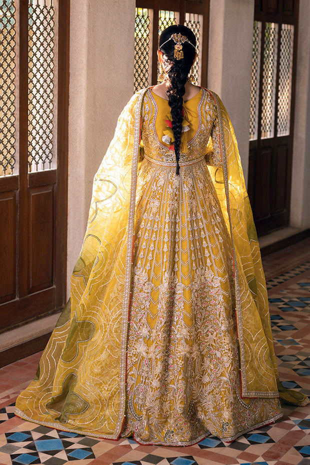Elegant Yellow Pakistani Bridal Dress in Pishwas Frock Style