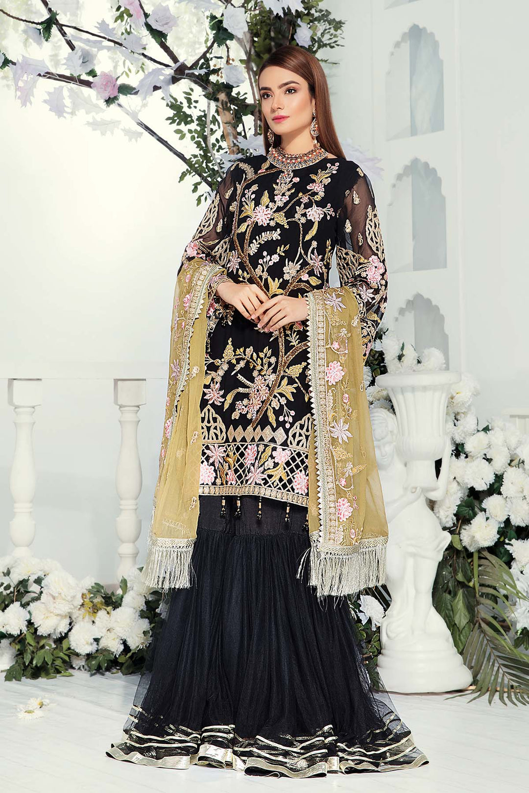 Elegant Embroidered Chiffon Dress in Black Color
