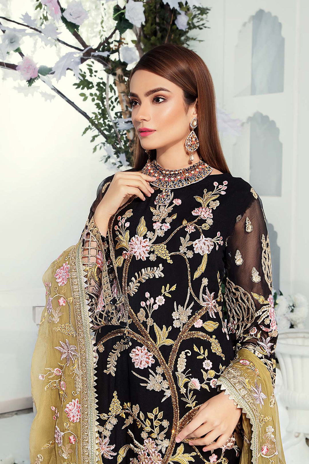 Elegant Embroidered Chiffon Dress in Black Color Close Up