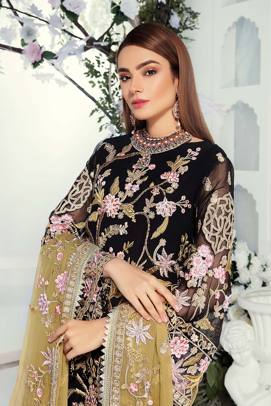 Elegant Embroidered Chiffon Dress in Black Color Neckline View