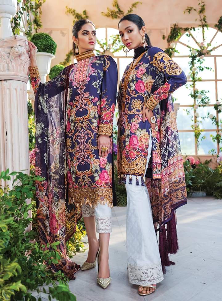 Elegant Lawn Dress in Purple Color  Models Look