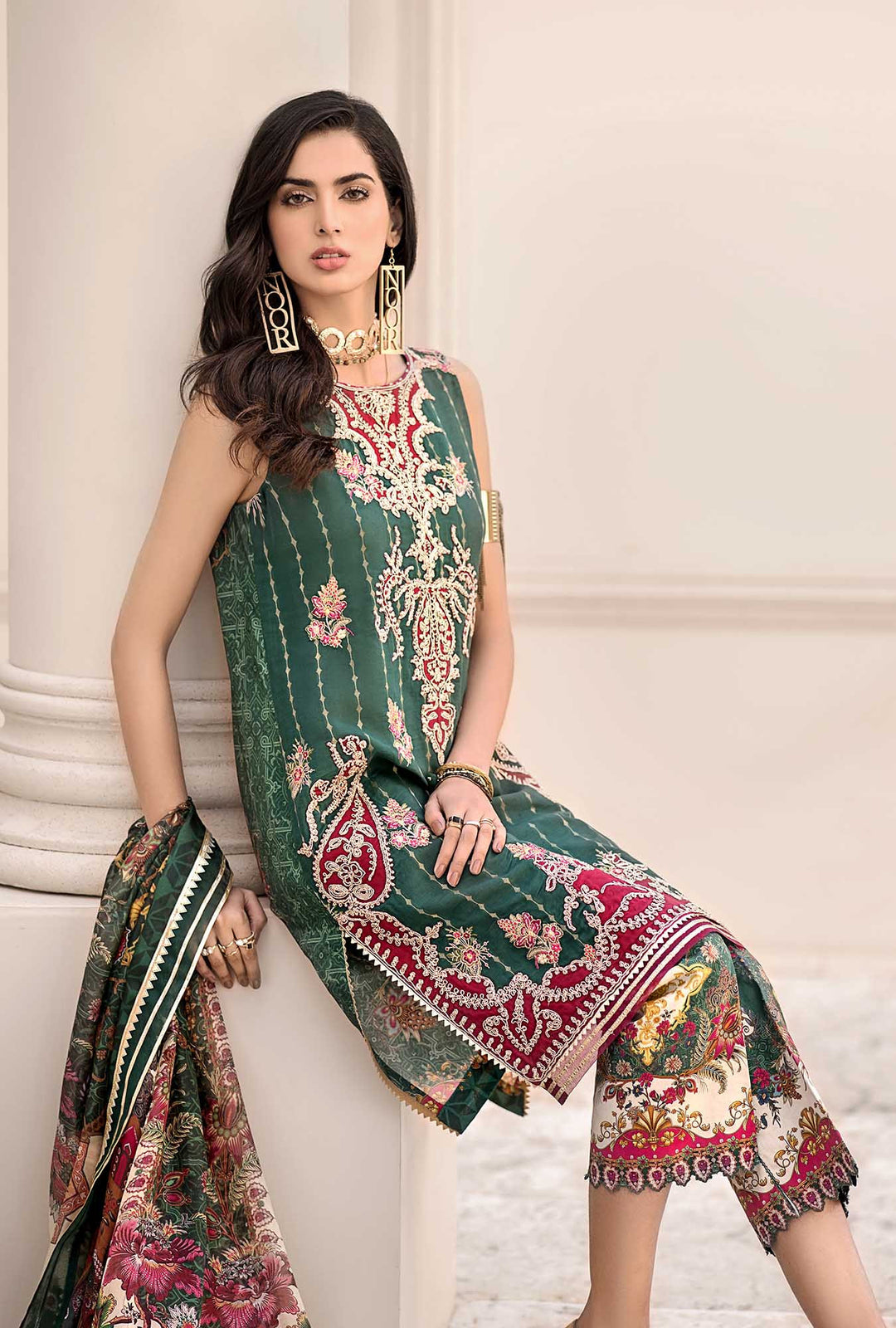 Elegant Lawn Dress in Bottle Green Color