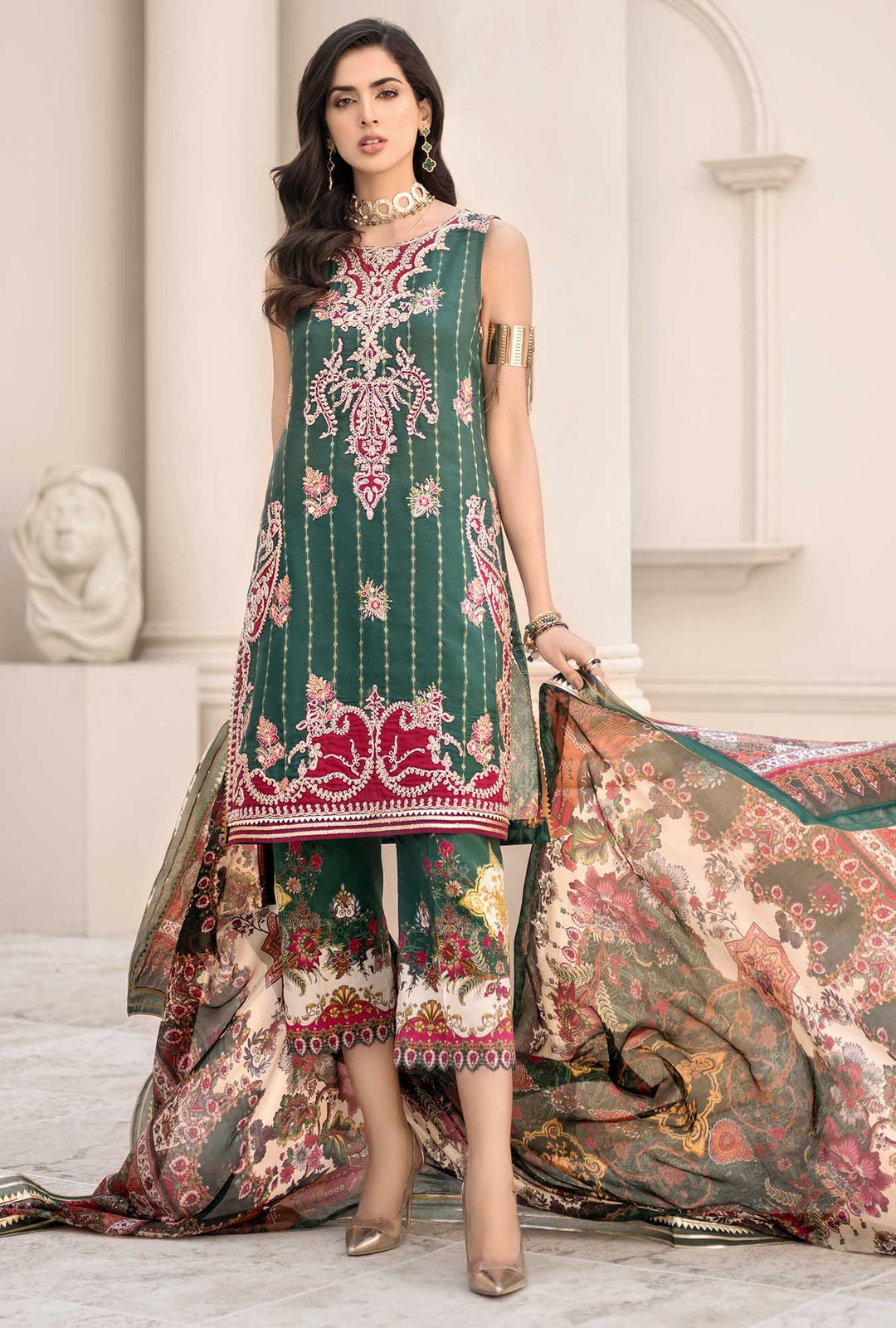 Elegant Lawn Dress in Bottle Green Color