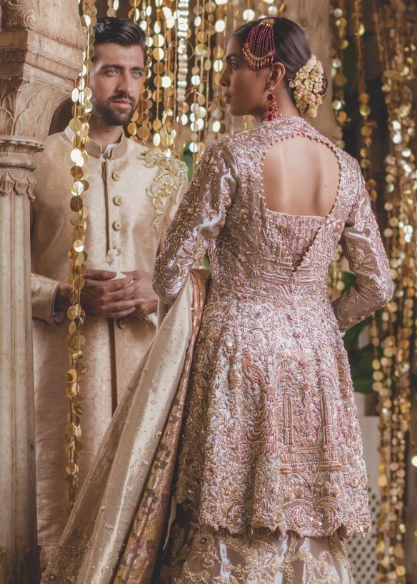 Elegant Pakistani Bridal Gold Lehnga for Wedding  Backside View