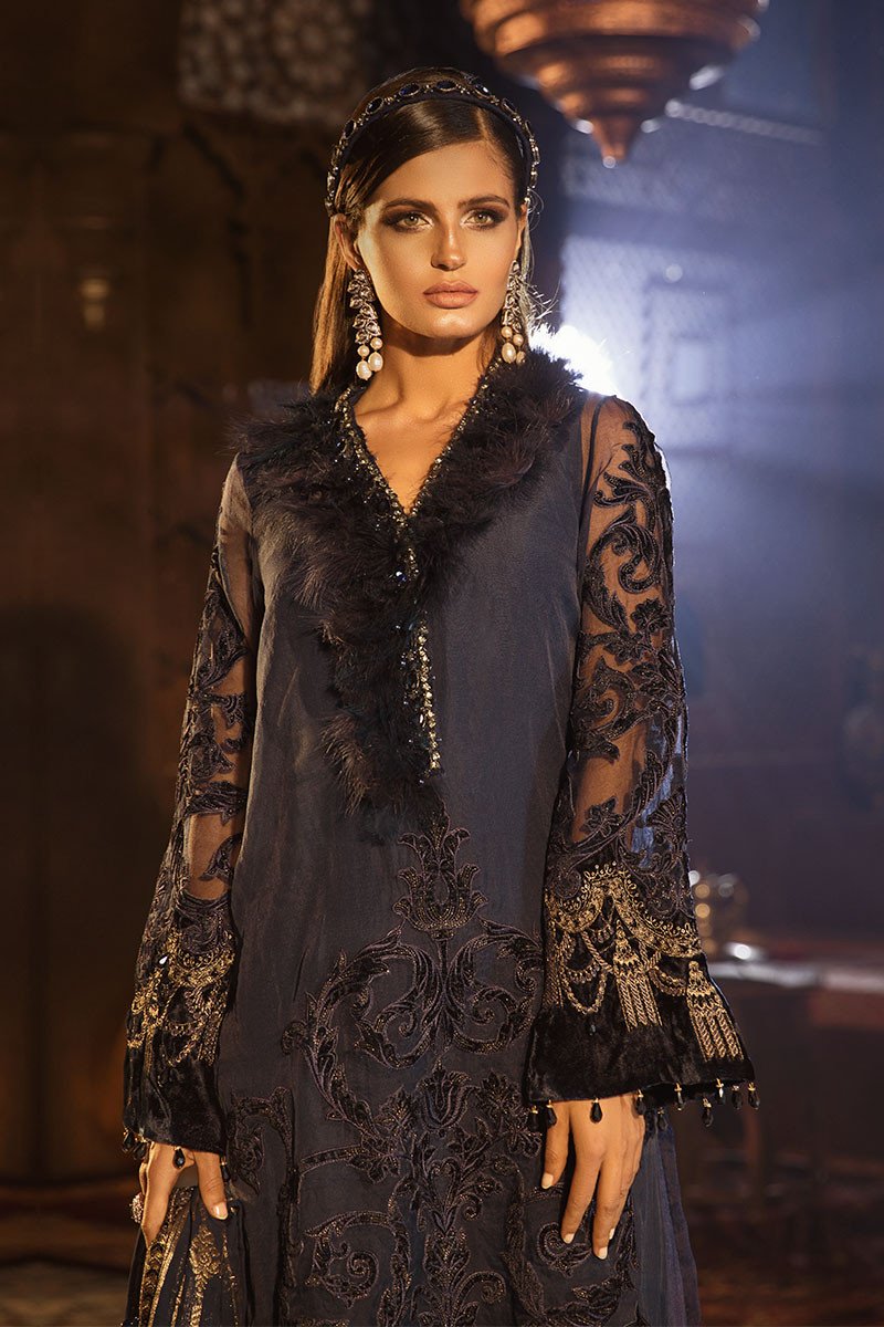 Elegant Pakistani Designer Dress in Dark Blue Color – Nameera by Farooq