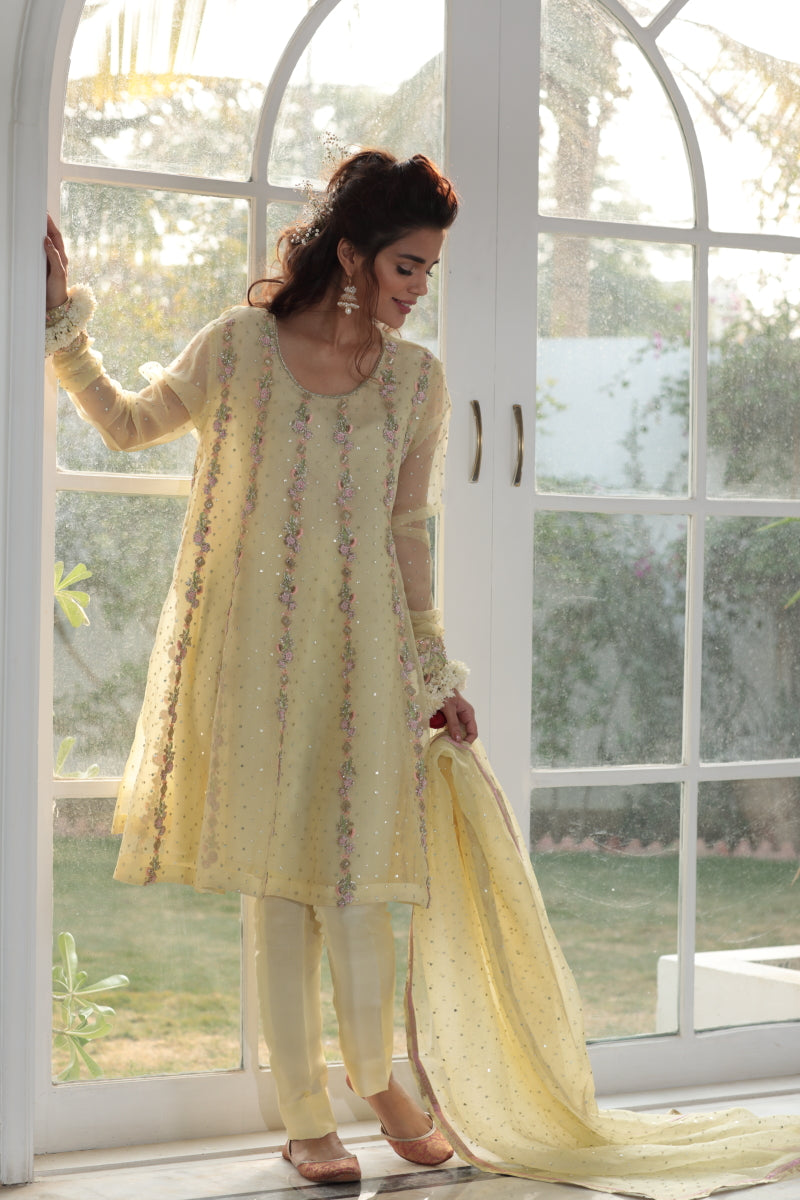 Elegant Party wear eastern dress in pastel yellow color P2218