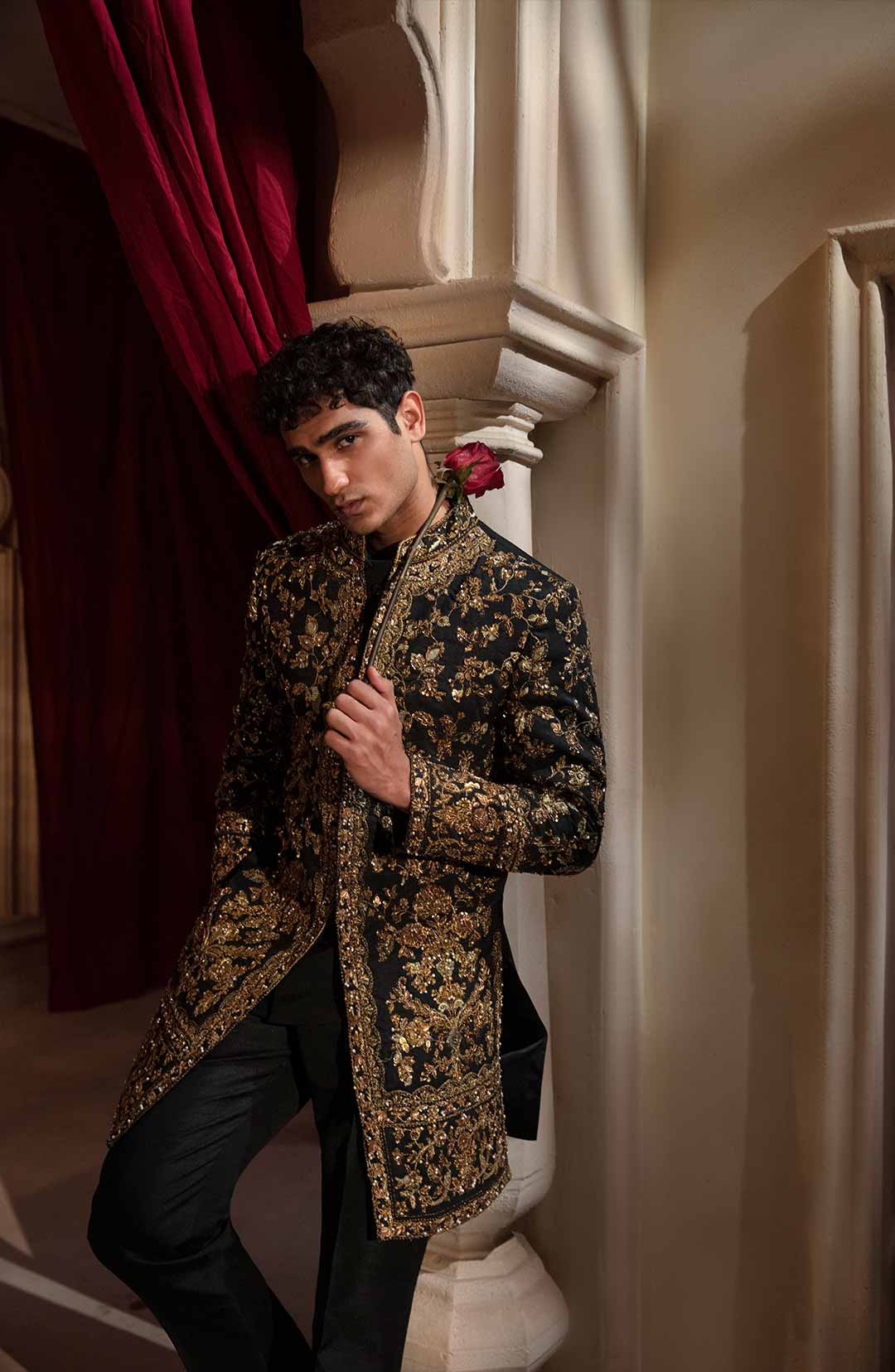 Embellished Black Sherwani Style Pakistani Groom Dress Online