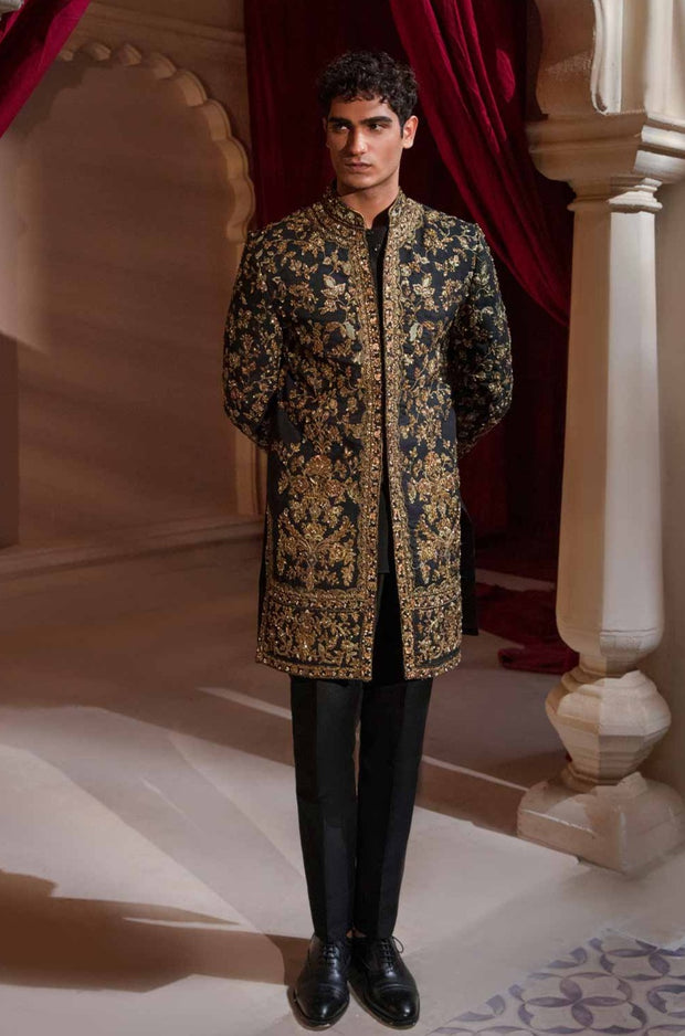 Embellished Black Sherwani Style Pakistani Groom Dress