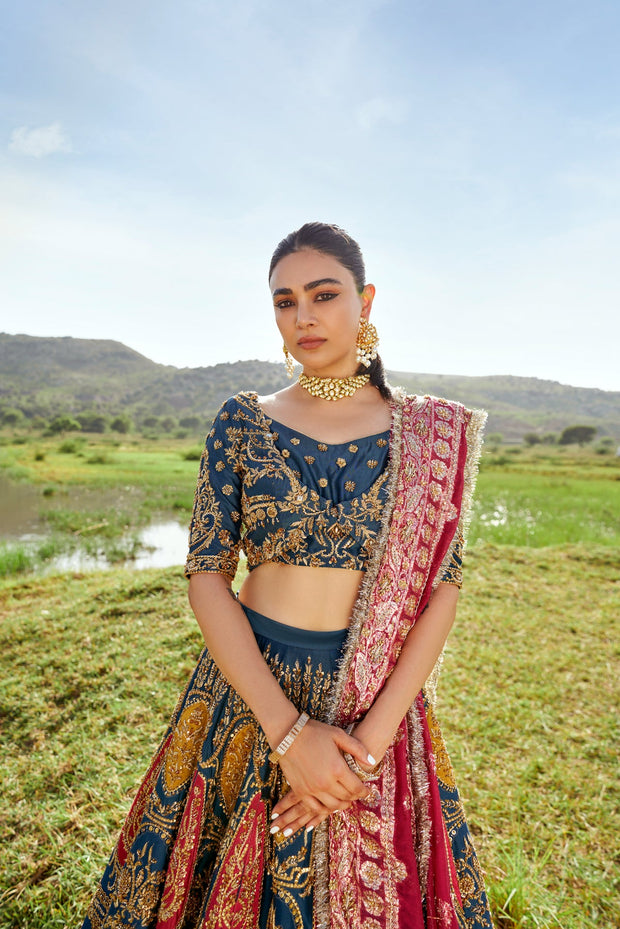 Embellished Blue Choli Lehenga Pakistani Mehndi Dresses Nameera by Farooq