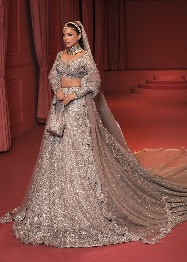 Embellished Bridal Grey Lehenga Choli and Dupatta Dress