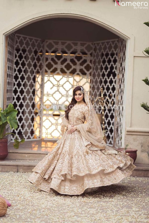 Embellished Bridal Ivory and Gold Wedding Dress with Lehenga
