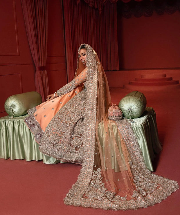 Embellished Bridal Lehenga Choli Dupatta Dress in Peach Color