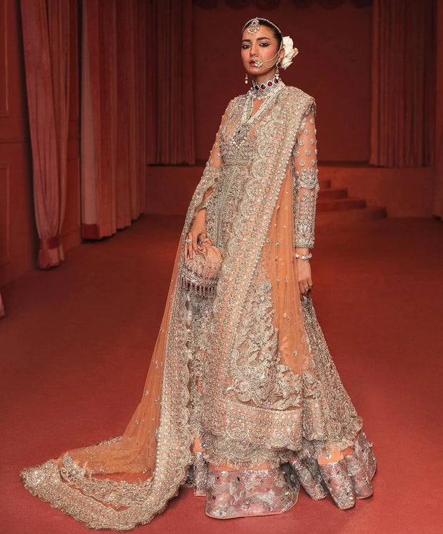 Embellished Bridal Lehenga Choli Dupatta in Peach Color