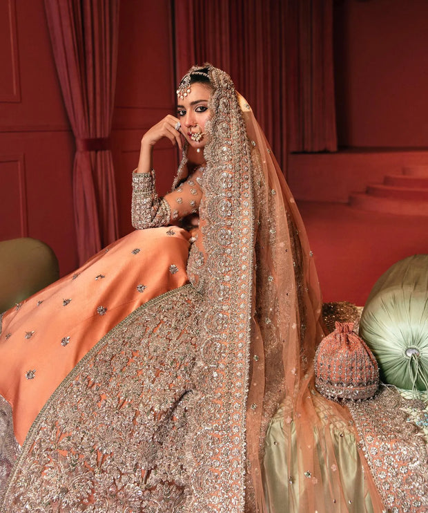 Embellished Bridal Lehenga Choli and Dupatta in Peach Color