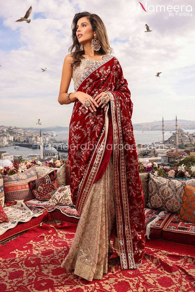 Embellished Bridal Red Saree Dress Pakistani