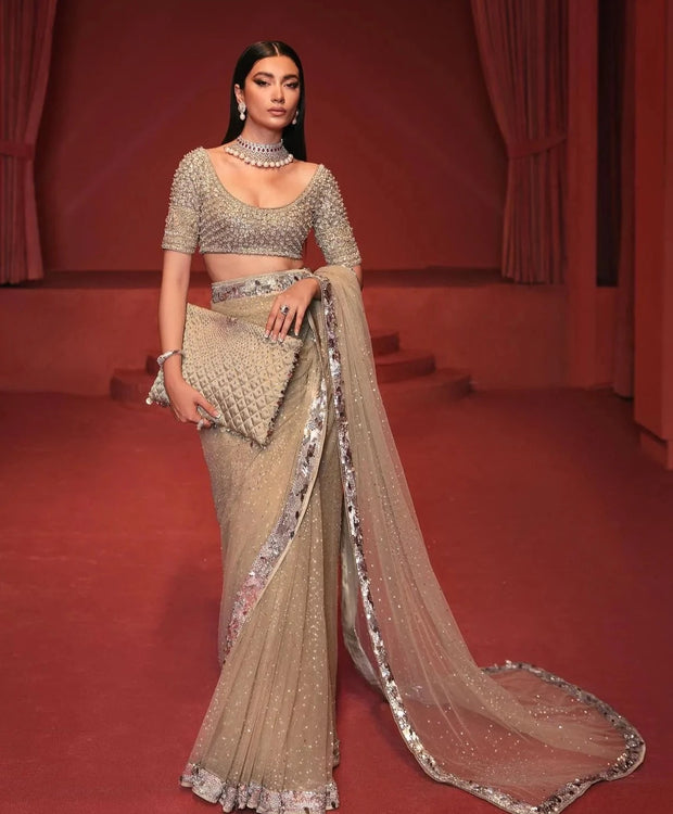 Embellished Bridal Saree with Blouse in Silver Color