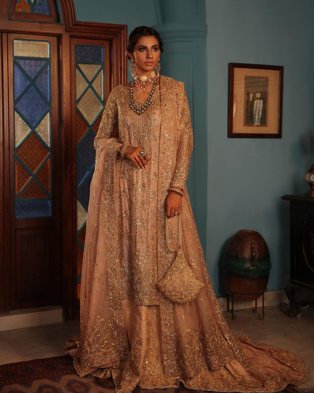 Embellished Peach Bridal Sharara Kameez & Dupatta Dress