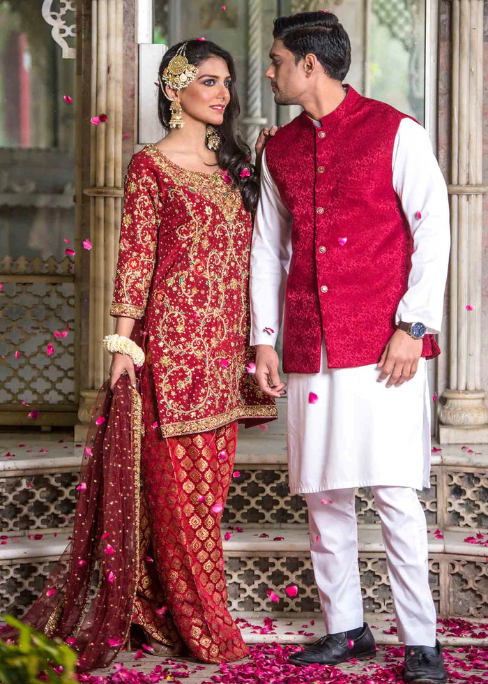 Embellished Designer Red Bridal Sharara Shirt 