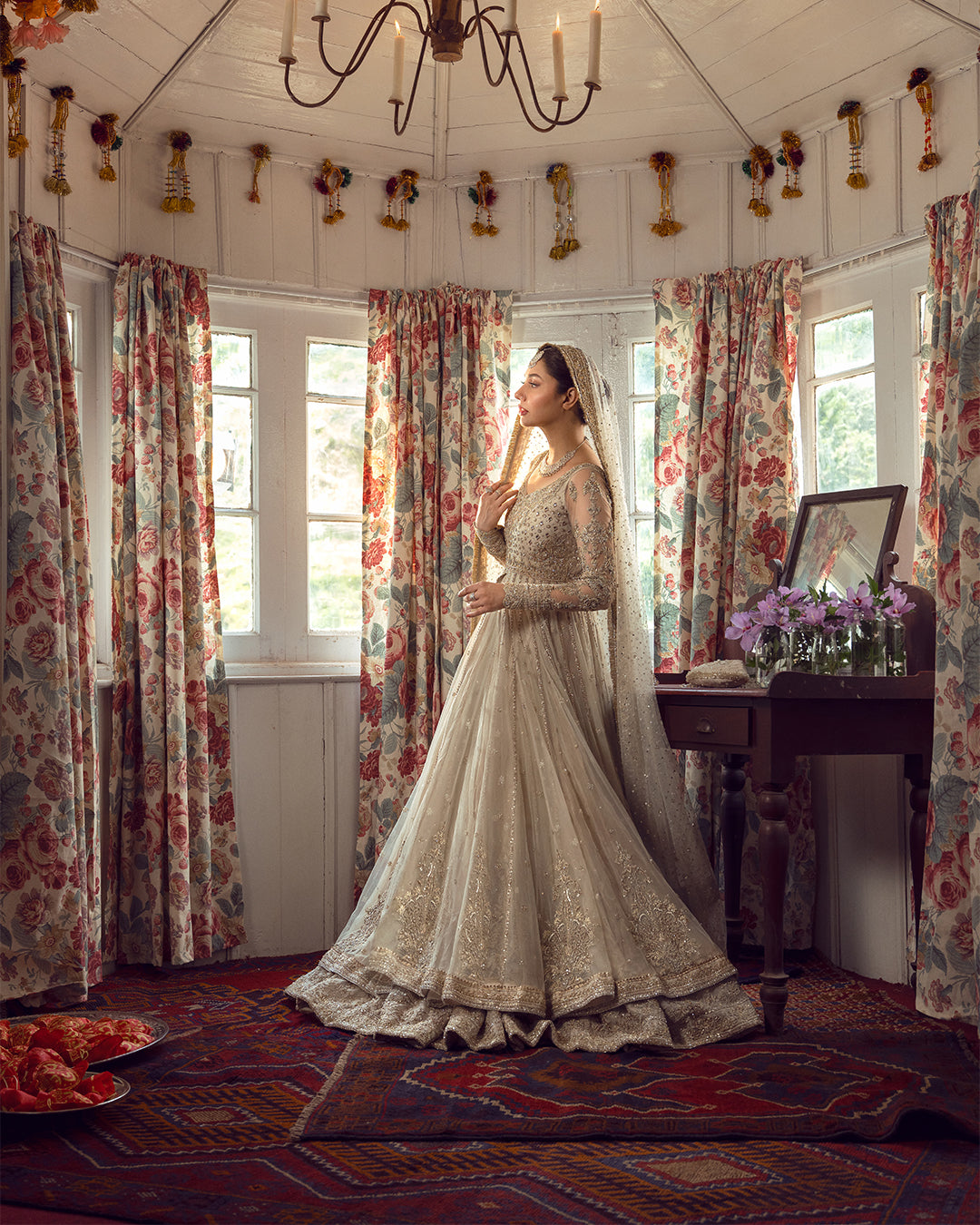 Embellished Double Layered Traditional Pishwas Frock and Dupatta in Ivory Color