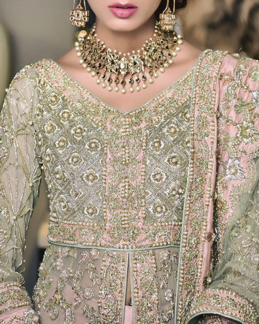 Mint Green Front Open Pakistani Bridal Dress - Elegant Gown