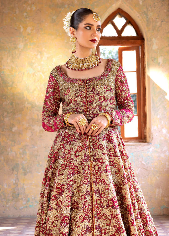 Embellished Front Open Pakistani Bridal Gown with Chiffon Lehenga and Net Dupatta Dress Online