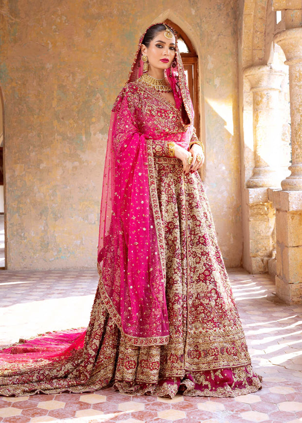 Embellished Front Open Pakistani Bridal Gown with Chiffon Lehenga and Net Dupatta Dress