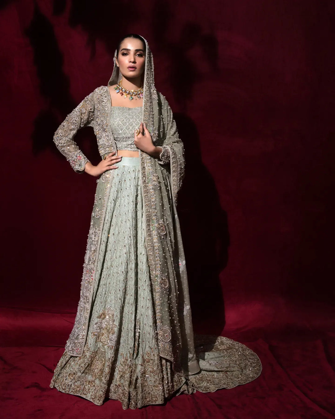Elegant Pakistani Bridal Lehenga with Embellished Gown