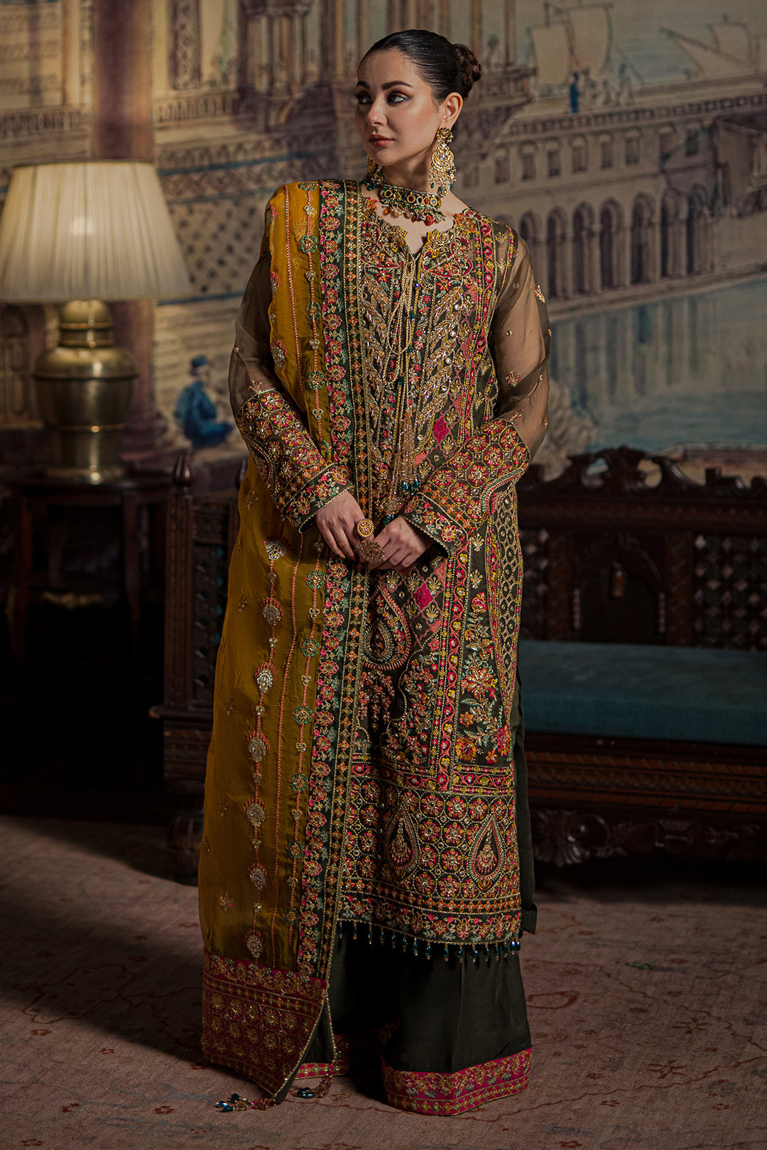 Embellished Green Mehndi Dress in Kameez Trouser Style