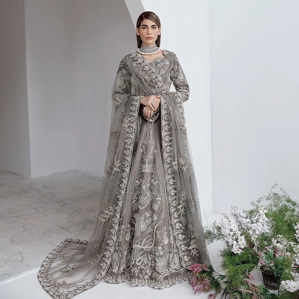 Luxury Grey Pakistani Bridal Lehenga Choli & Dupatta Dress