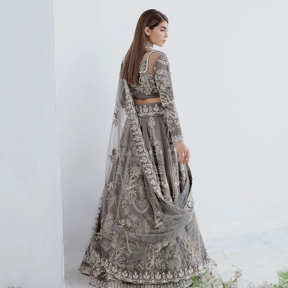 Luxury Grey Pakistani Bridal Lehenga Choli & Dupatta Dress