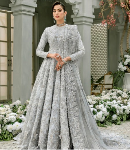 Pakistani Wedding Gown with Bridal Lehenga in Ice Grey Color LARGE Pakistani Wedding Gown with Bridal Lehenga in Ice Grey Color LARGE