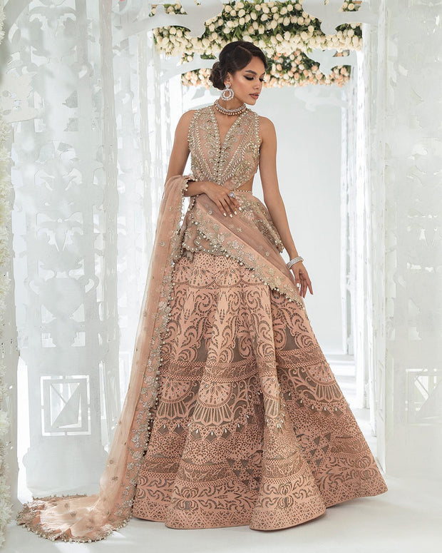 Heavily Embellished Indian Bridal Wear Peach Mermaid Lehenga Nameera by Farooq Heavily Embellished Indian Bridal Wear Peach Mermaid Lehenga Nameera by Farooq