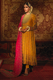 Embellished Indian Bridal Wear Yellow Kalidar Frock