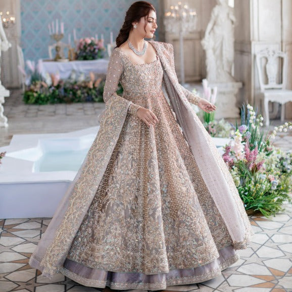 Embellished Lilac Lehenga Gown Pakistani Bridal Wear 2023