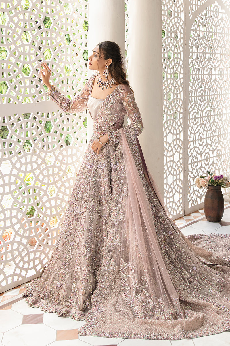 Lavender Long Tail Pakistani Bridal Dress with Elegant Dupatta