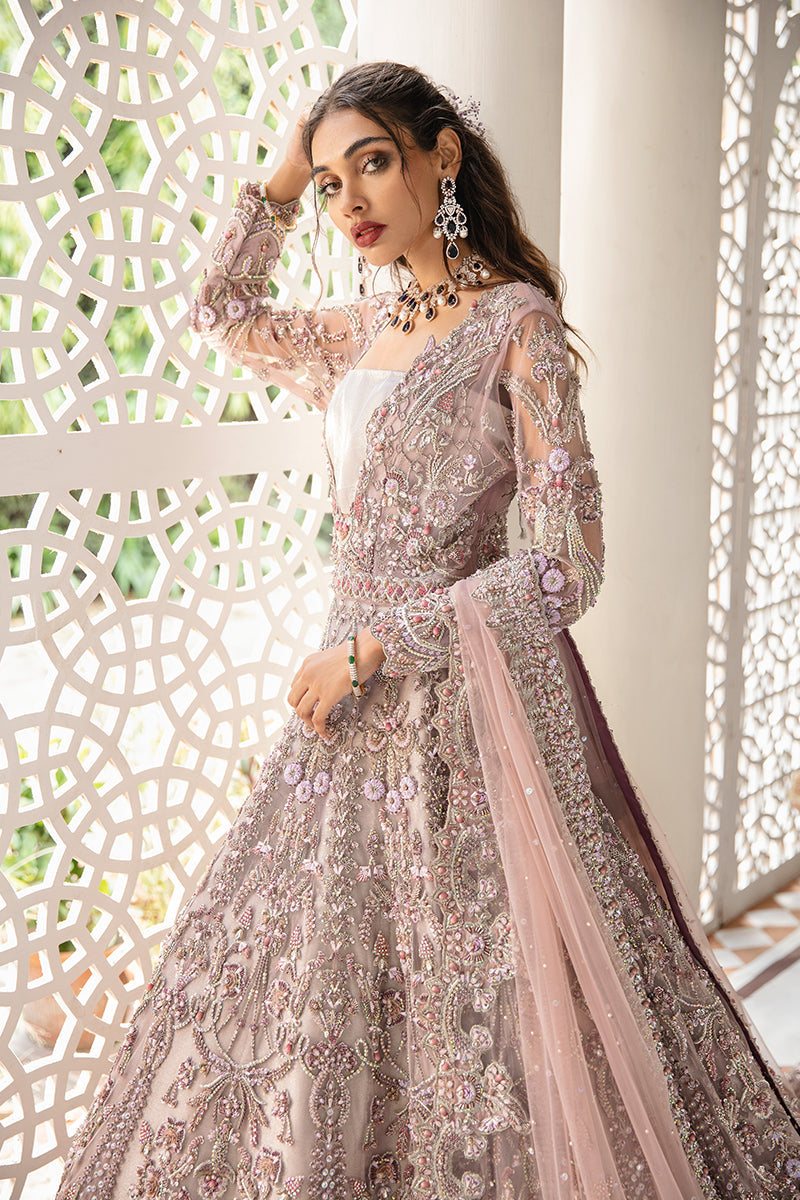 Lavender Long Tail Pakistani Bridal Dress with Elegant Dupatta