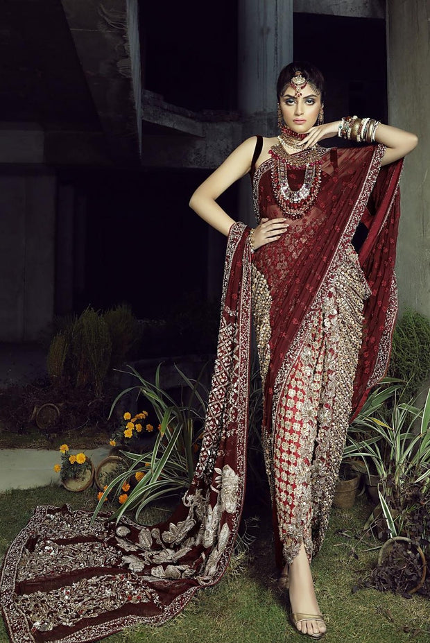 Embellished Maroon Pant Saree for Wedding Party 