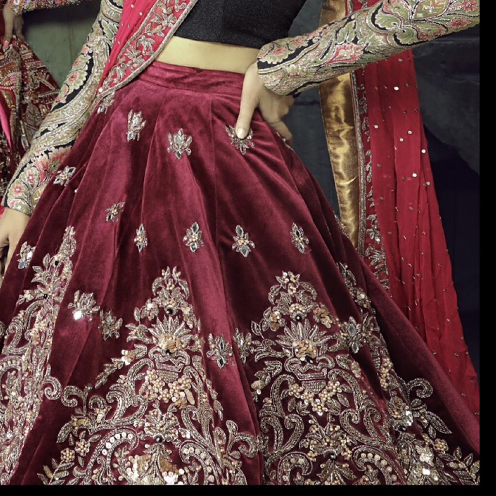 Embellished Maroon Velvet Bridal Lehenga 