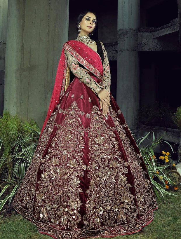 Embellished Maroon Velvet Bridal Lehenga Choli 2022
