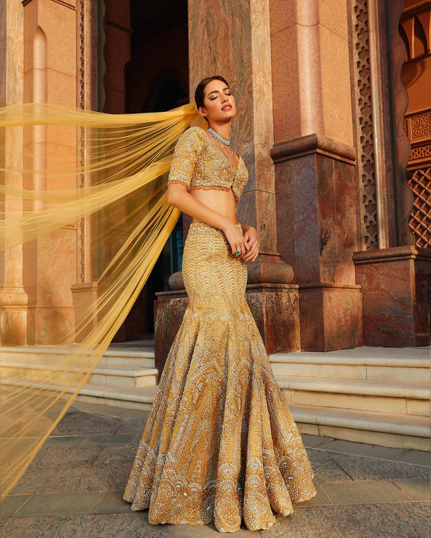 Embellished Mint Yellow Lehenga Choli Dress 