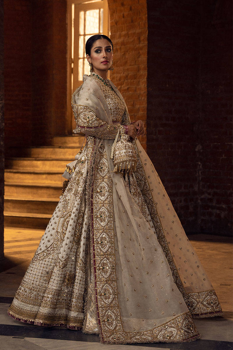 Embellished Pakistani Bridal Dress in Alluring White and Gold Lehenga Choli Dupatta Style Online