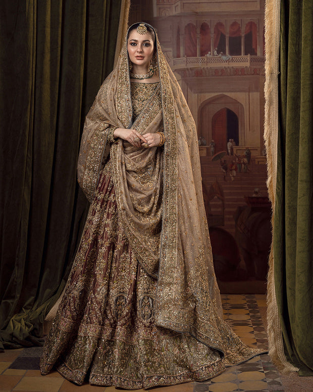 Embellished Pakistani Bridal Dress in Lehenga Choli Dupatta Style in Premium Tissue Fabric