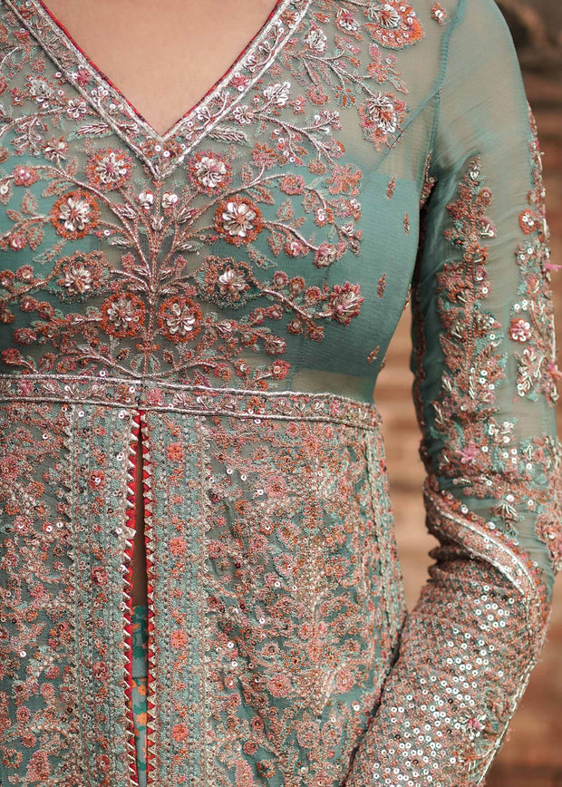 Embellished Pakistani Bridal Dress in Open Kameez and Sharara Style