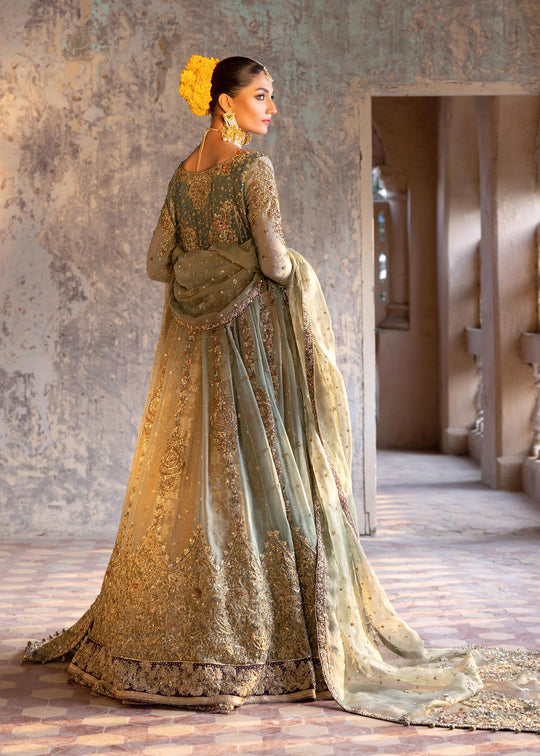 Embellished Pakistani Bridal Gown with Lehenga and Dupatta Dress in Green Color