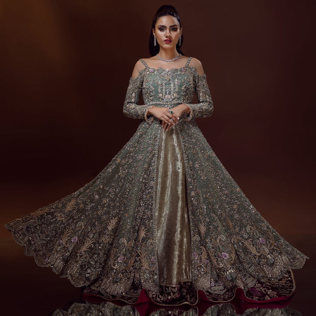 Embellished Organza Front Open Frock and Lehenga Online – Nameera by Farooq