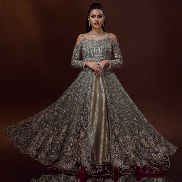 Embellished Pakistani Front Open Gown and Lehenga Dress