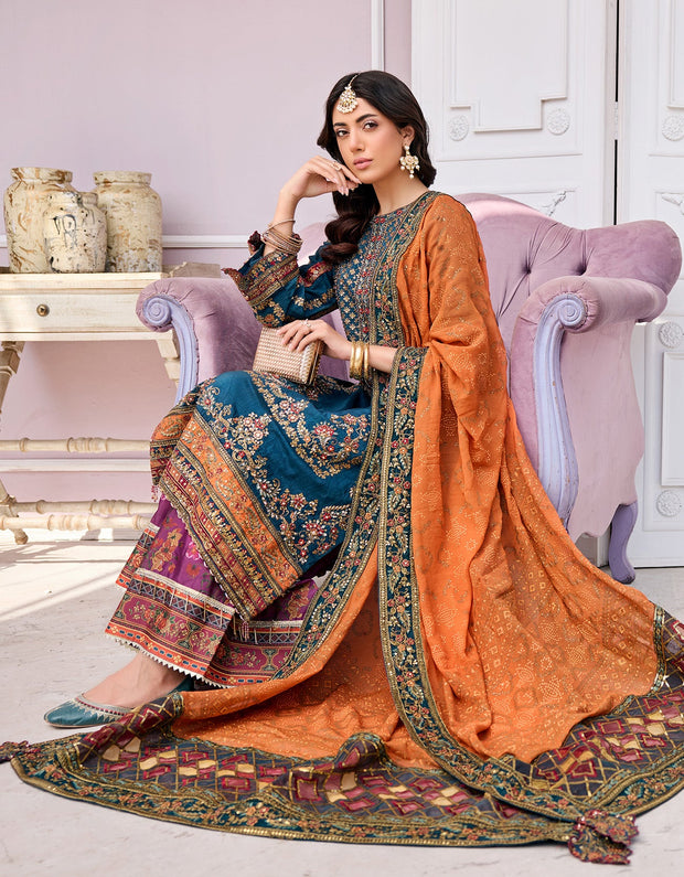 orange and blue dress pakistani Girls Orange & Blue Block Print Shalwar Kameez: Pakistani Cotton Suit (9/10)