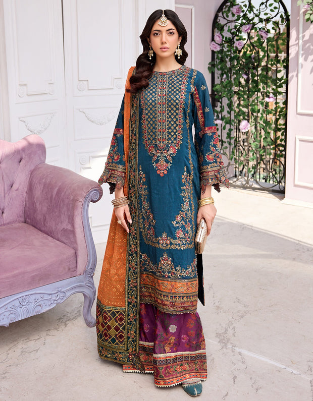 orange and blue dress pakistani Girls Orange & Blue Block Print Shalwar Kameez: Pakistani Cotton Suit (9/10)