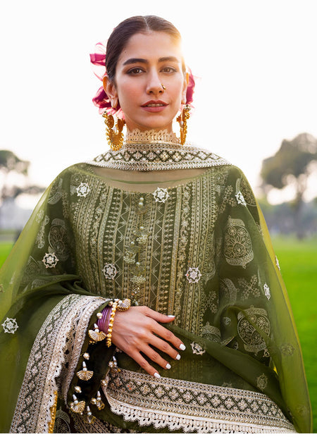 Embellished Pakistani Raw Silk Green Kameez Salwar 2023